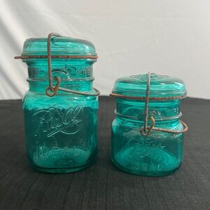 Vintage Ball Ideal Aqua Blue Glass Canning Jars Wire Bail Eagle Logo Set of 2
